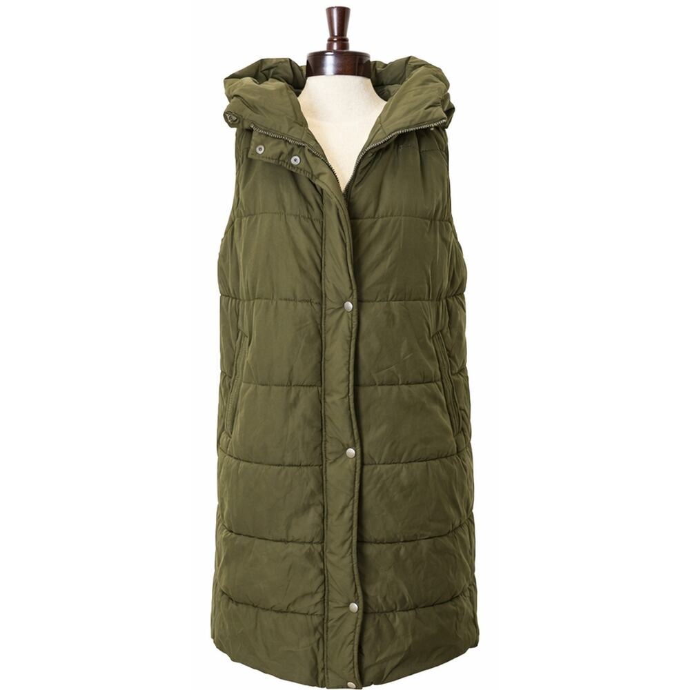 Olive Hooded Puffer Long Vest - Women’s Jacket